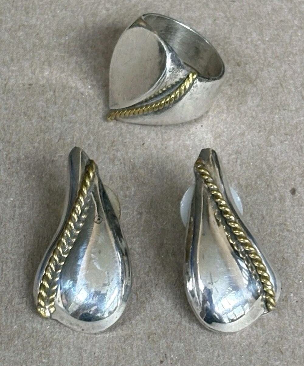 Vtg Taxco Mexico 925 Sterling Silver Ring Earrings Set Gold Rope Laton TS-99